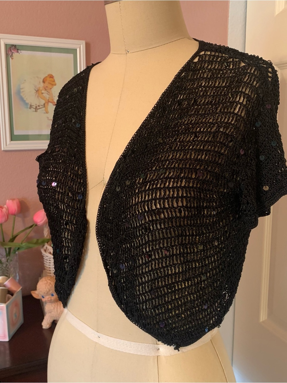 Black Open-Knit Sequin Short Sleeve Shrug Sweater